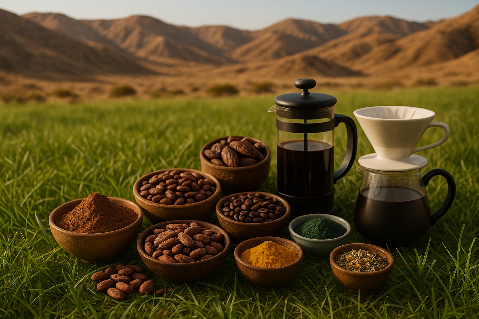 quiero una foto con césped verde al fondo hay cerros áridos y quiero una foto de productos naturales como cacao en polvo, cacao, café, espirulina, cúrcuma mix, infusión, herramientas cafeteras y tetera