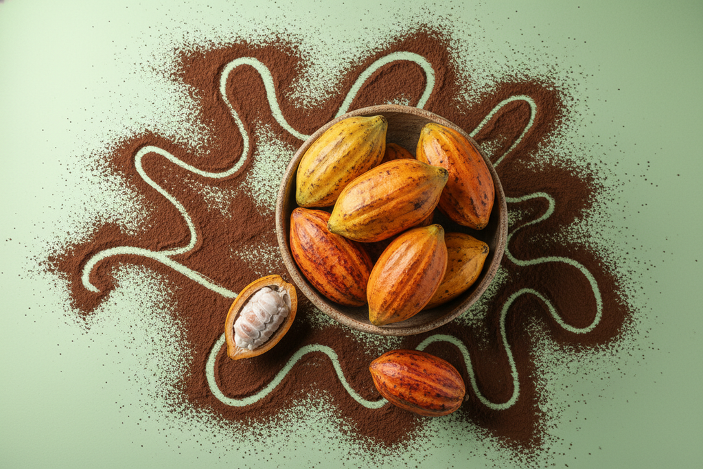 ADICIONAL, AGREGA UN PISO DE COLOR VERDE PASTEL Y EL CACao en el suelo y tambien cacao en fruto en recipiente 