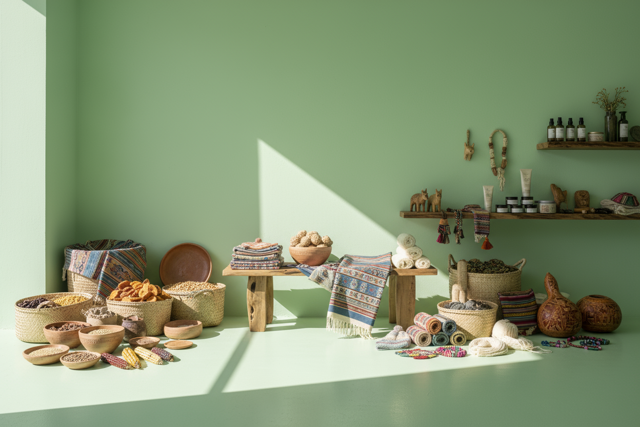 pared verde pastel con abertura de luz y piso verde, con productos diversos de  con fines naturales o productos que ayudan a trabajaroes peruanos 