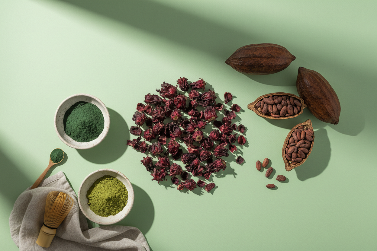 pared y piso de color verde pastel con productos naruales en el piso con flor de jamaica, cacao, espirulina, te matcha