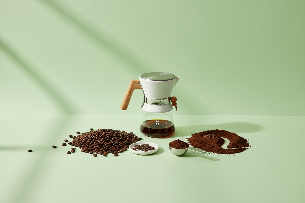 piso y pared de color de pastel verde, con cafe molido y cafe en grano con cafetera 